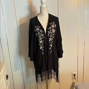Black Kimono with White Floral Embroidery and Fringe